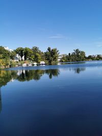 Scenic view of lake against blue sky