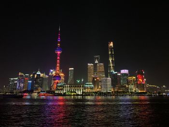 Illuminated buildings in city at night