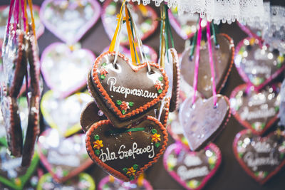 Close-up of hanging gingerbread hearts