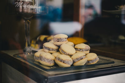 Close-up of macaroons for sale at bakery