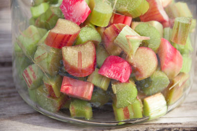 Close-up of chopped fruits on table