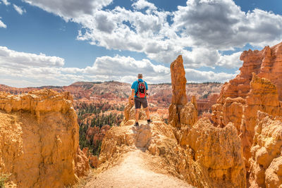 Rear view of man on rock against sky