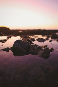 Rocks on sea shore against sky during sunset