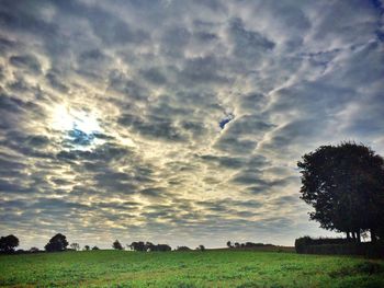 Scenic view of field against cloudy sky