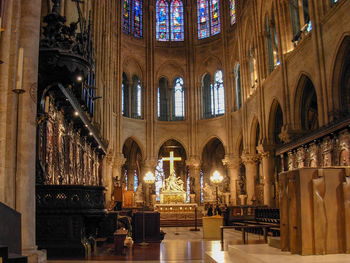 Interior of illuminated temple building