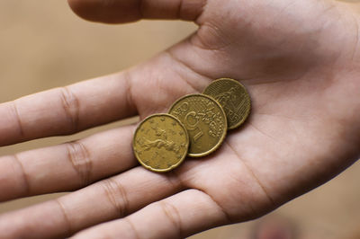 Close-up of hand holding coins