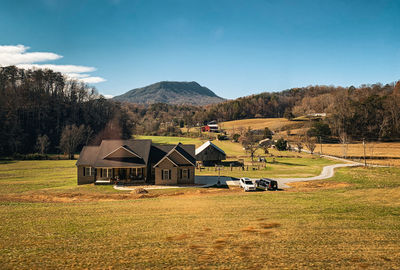 Houses on field against sky