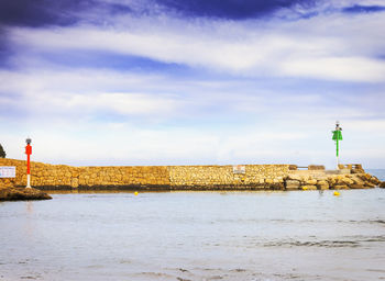 Lighthouse by sea against sky