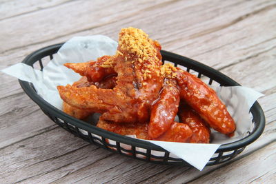 High angle view of food in plate on table