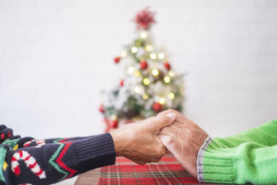 Low section of woman holding christmas tree