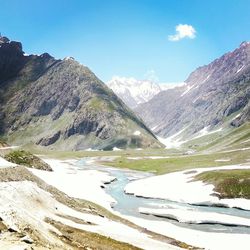 Scenic view of lake by mountains against sky