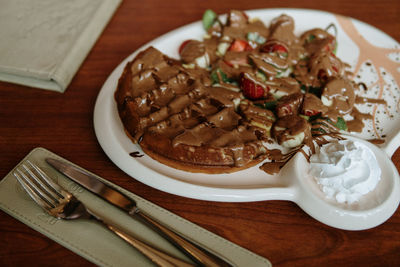 High angle view of food in plate on table