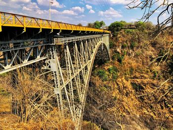 Train on bridge against sky