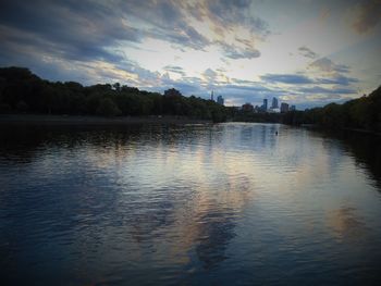 Scenic view of river against sky at sunset