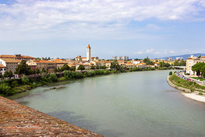 River amidst buildings in city against sky