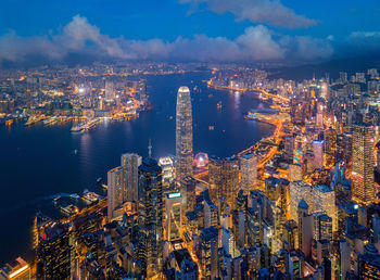 High angle view of illuminated victoria harbour at night