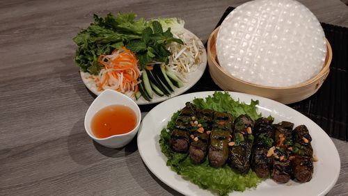 High angle view of meal served on table