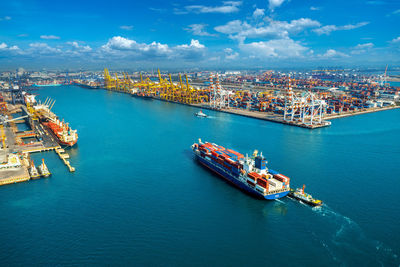 High angle view of boats in sea