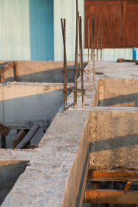 View of construction site by building