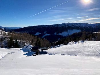 Snow covered landscape against sky