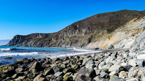 Scenic view of beach against clear blue sky