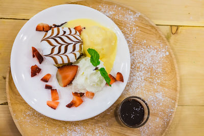 High angle view of food in plate on table