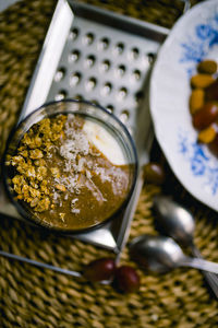 High angle view of food in container on table