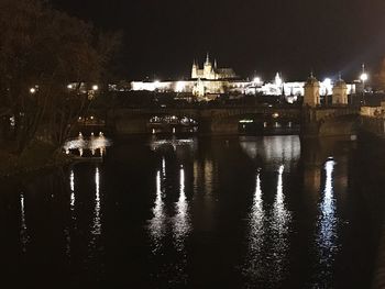 View of city lit up at night