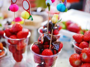 Close-up of strawberries in bowl on table