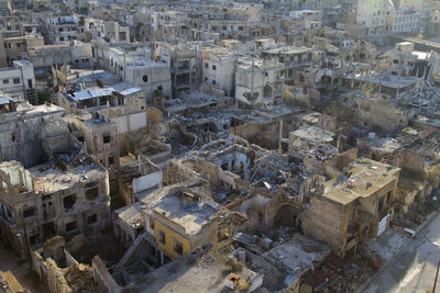 High angle view of old buildings in city