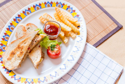 High angle view of breakfast served on table