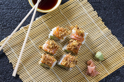High angle view of sushi on place mat