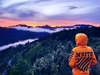 Rear view of man standing on mountain against sky