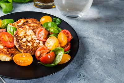 High angle view of breakfast served on table