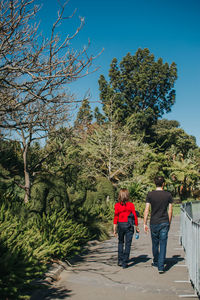 Rear view of man walking on footpath by trees against sky