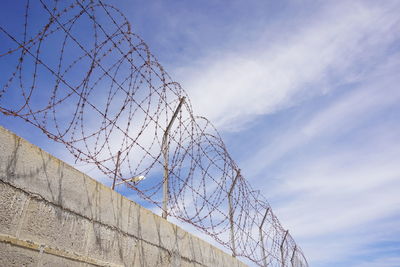 Low angle view of barbed wire against sky