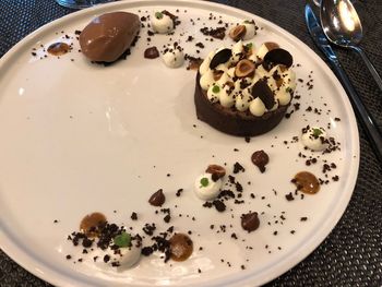 High angle view of dessert in plate on table