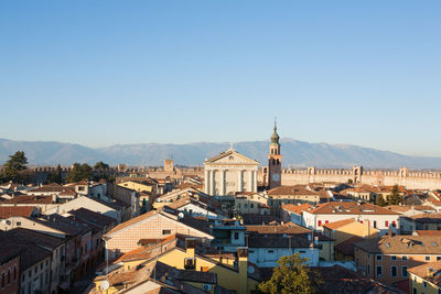 High angle view of townscape against clear sky