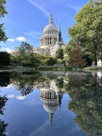 Reflection of built structures in lake