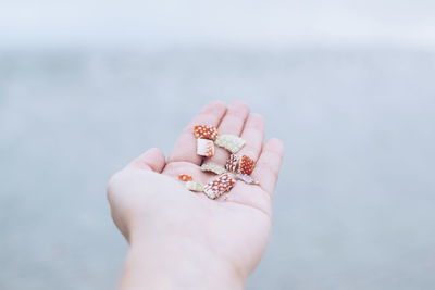 Cropped hand of person holding stones against sky