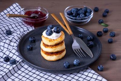 High angle view of cake in plate on table