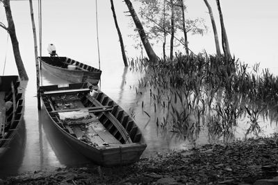 Boat moored on shore against sky