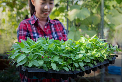 Young woman holding plants in nursery