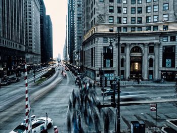 View of city street and modern buildings