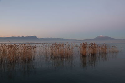 Scenic view of lake against sky during sunset