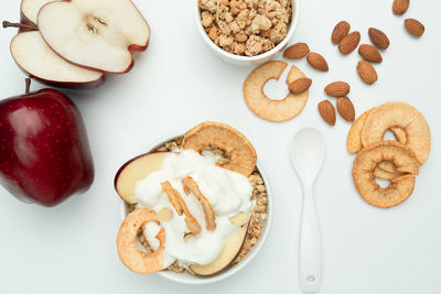 High angle view of breakfast served on table