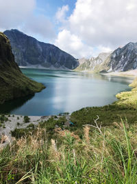 Scenic view of lake and mountains against sky