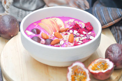 High angle view of fruits in bowl on table