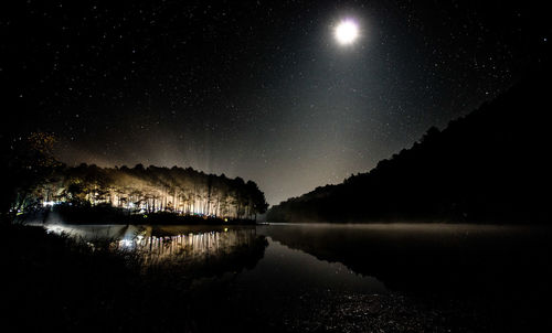 Scenic view of lake against clear sky at night