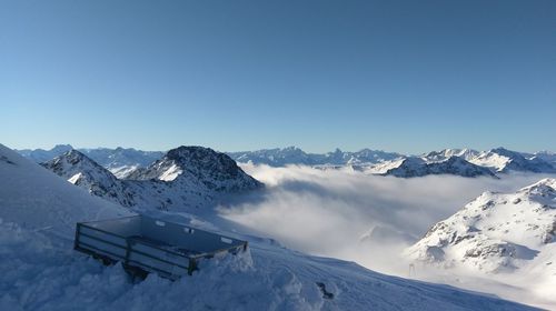 Scenic view of snowcapped mountains against clear blue sky